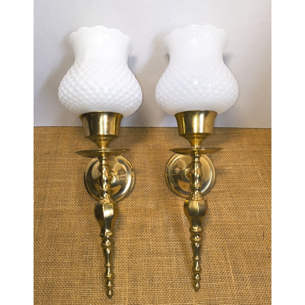 Solid Brass Spindle Wall Sconce Hobnail Milk Glass Hurricane Candle Holder Set